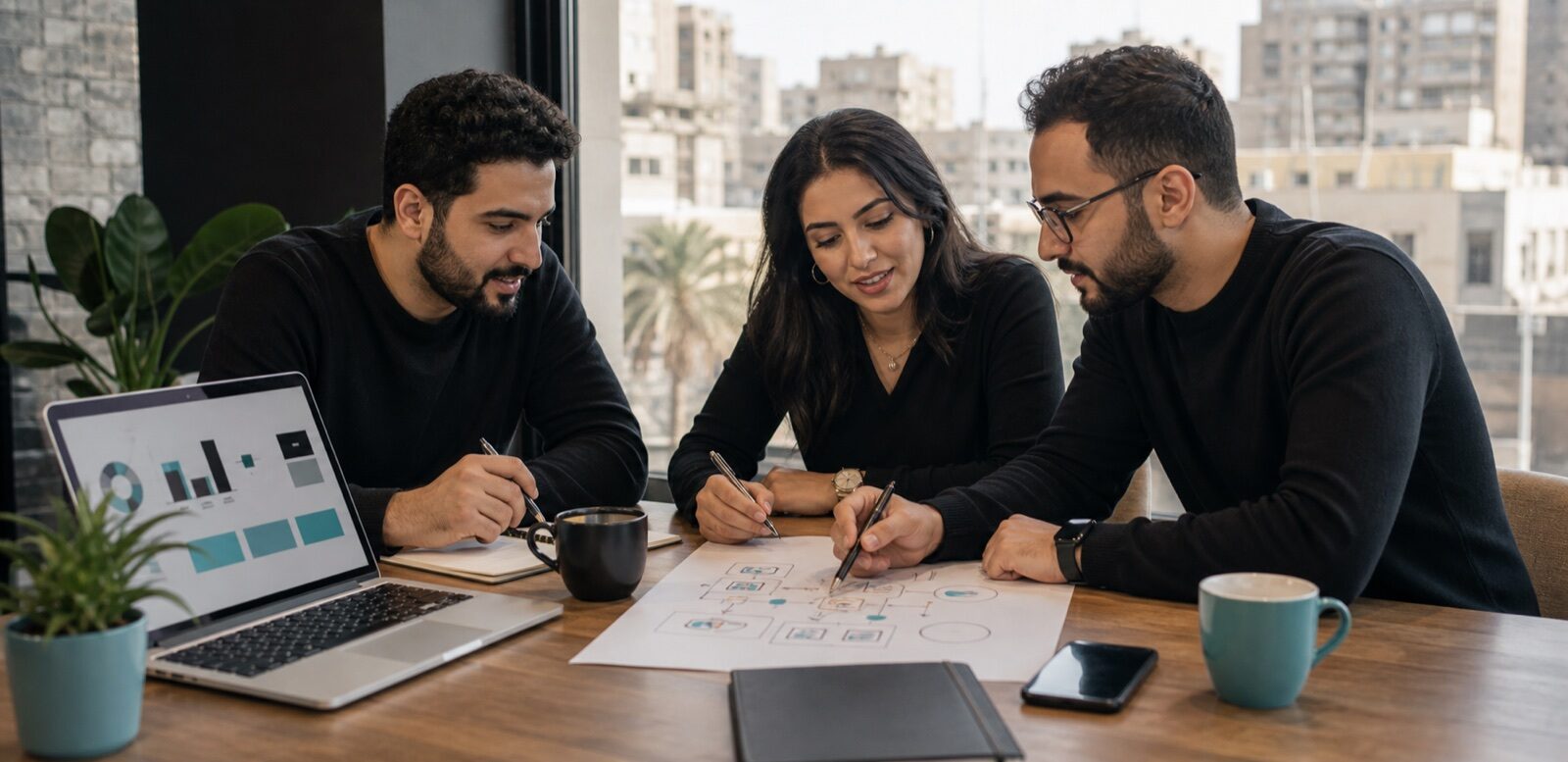 Egyptian marketing team planning a digital marketing strategy in a Cairo office