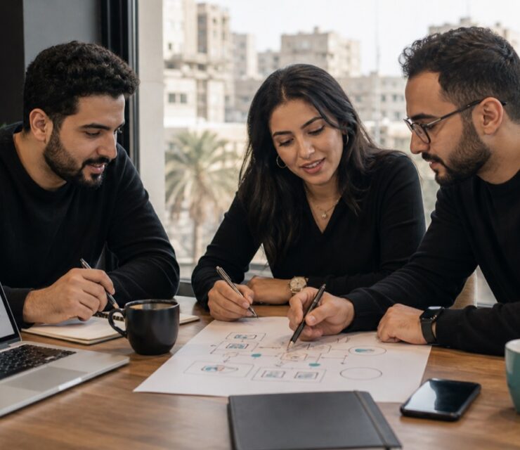 Egyptian marketing team planning a digital marketing strategy in a Cairo office